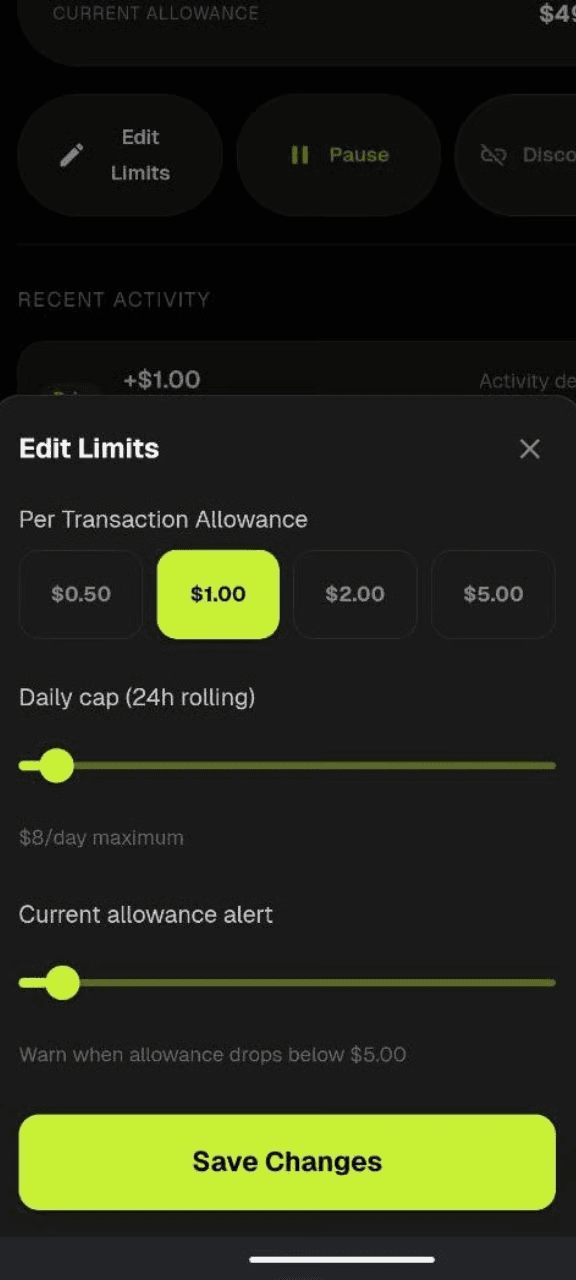 Edit Limits sheet with per-transaction allowance options, a daily cap slider, and an allowance alert threshold.