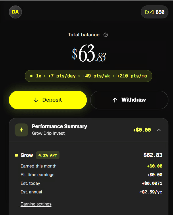The Mullet Grow account screen showing total balance, points-per-day, deposit and withdraw actions, and a performance summary with current APY.