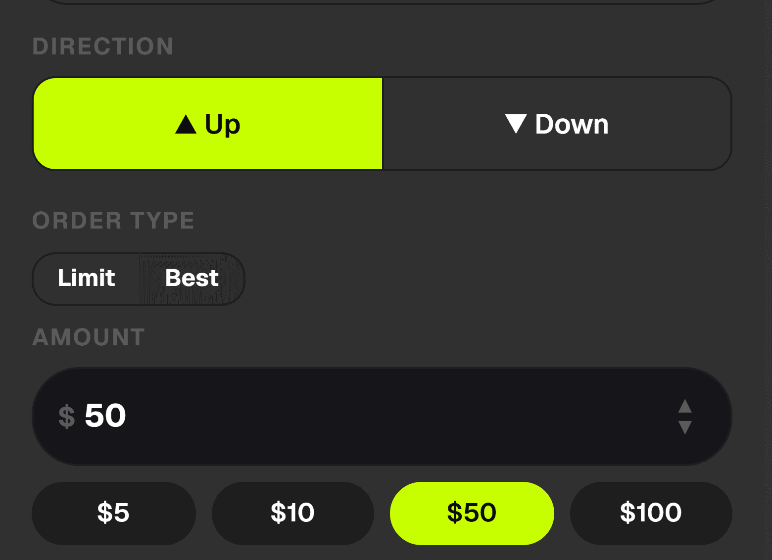 The order ticket with the direction toggle set to Up, order type set to Best, and a $50 amount selected from the quick-select chips.