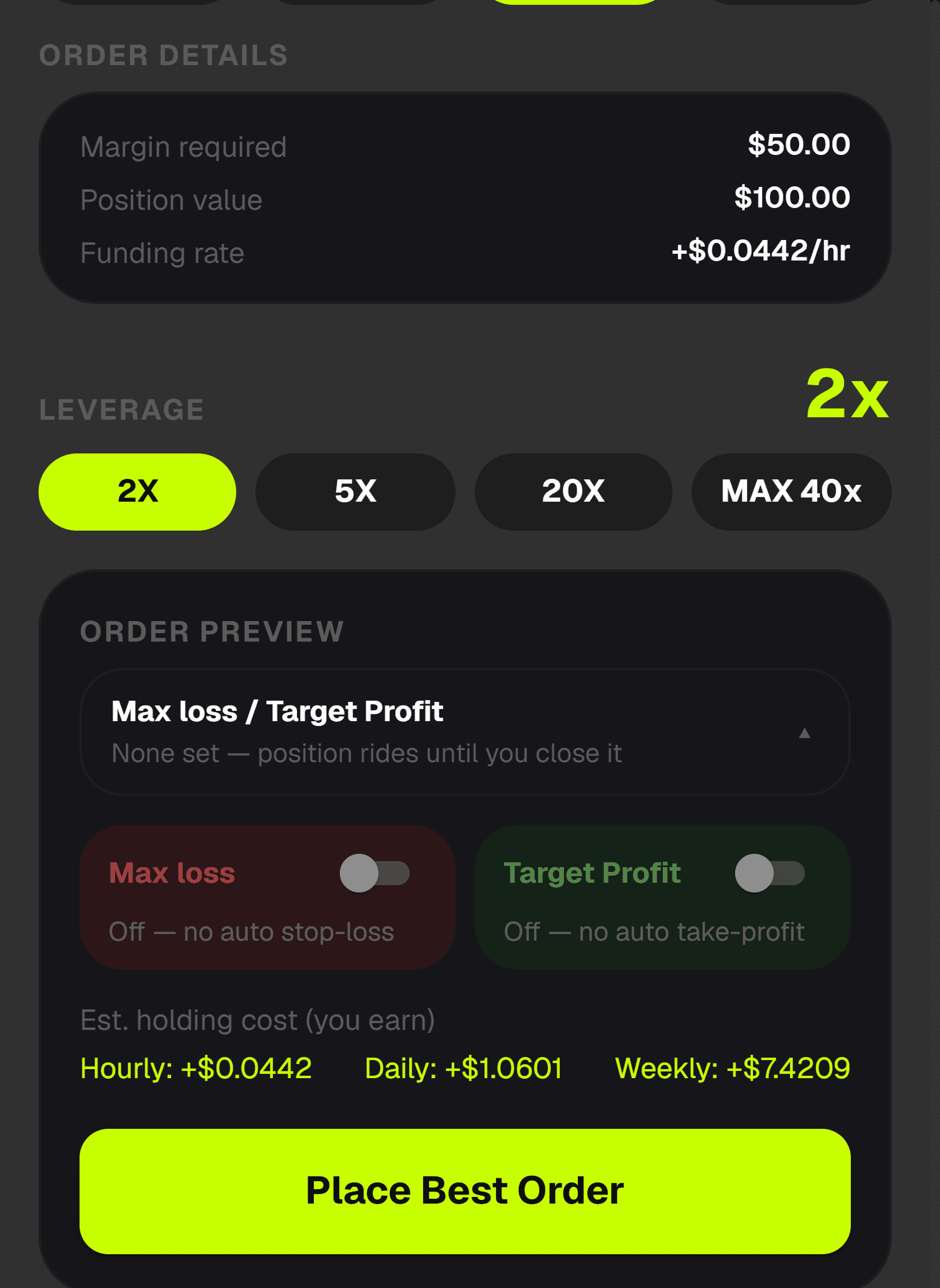 Order details showing margin required, position value, and funding rate, plus the order preview with max loss and target profit toggles, estimated holding cost, and the Place Best Order button.